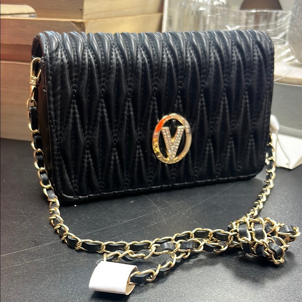 Valentino Orlandi Black and Gold Quilted Clutch